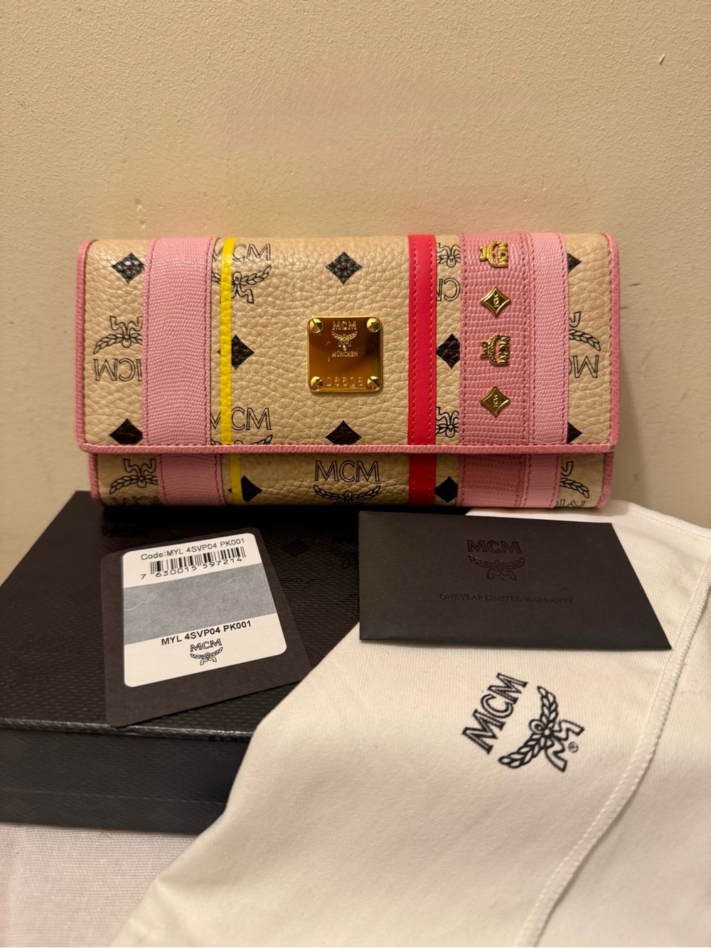 MCM Tracy Continental Flap Wallet - Striped Visetos Pink Beige FULL SET